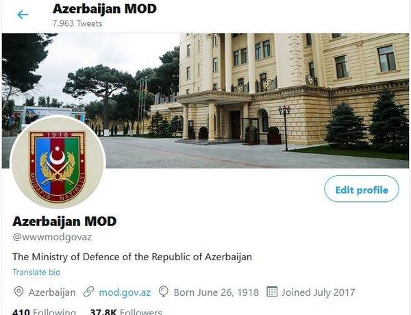 Армянская сторона создала в Twitter фальшивый профиль на имя минобороны Азербайджана