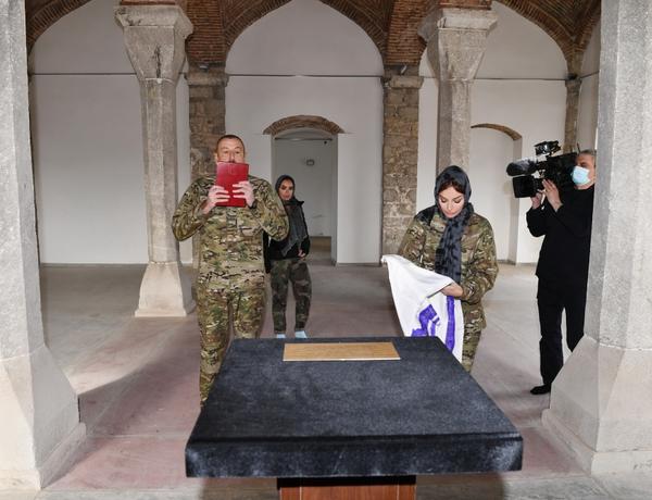 Azerbaijani President Ilham Aliyev and First Lady Mehriban Aliyeva visit mosque in Shusha