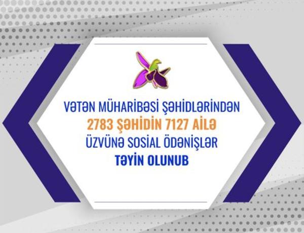 Vətən müharibəsi şəhidlərindən 2 783 şəhidin 7 127 ailə üzvünə sosial ödənişlər təyin olundu