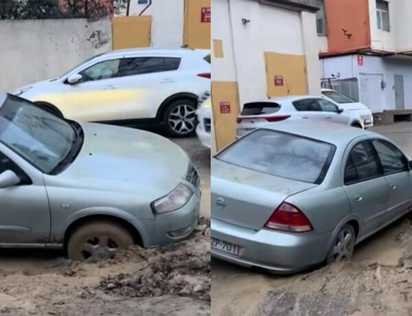 Bakıda binanın həyəti çökdü, maşın çuxura düşdü –