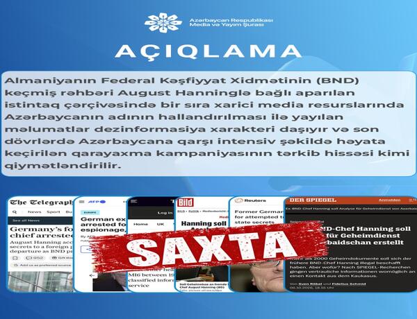 Media və Yayım Şurası: Azərbaycanın BND işi ilə əlaqələndirilməsi dezinformasiyadır