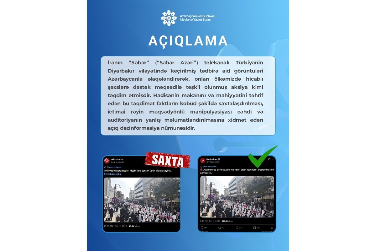 İranın “Səhər” telekanalı Diyarbəkirdəki görüntüləri Azərbaycanla əlaqələndirərək dezinformasiya yayıb –